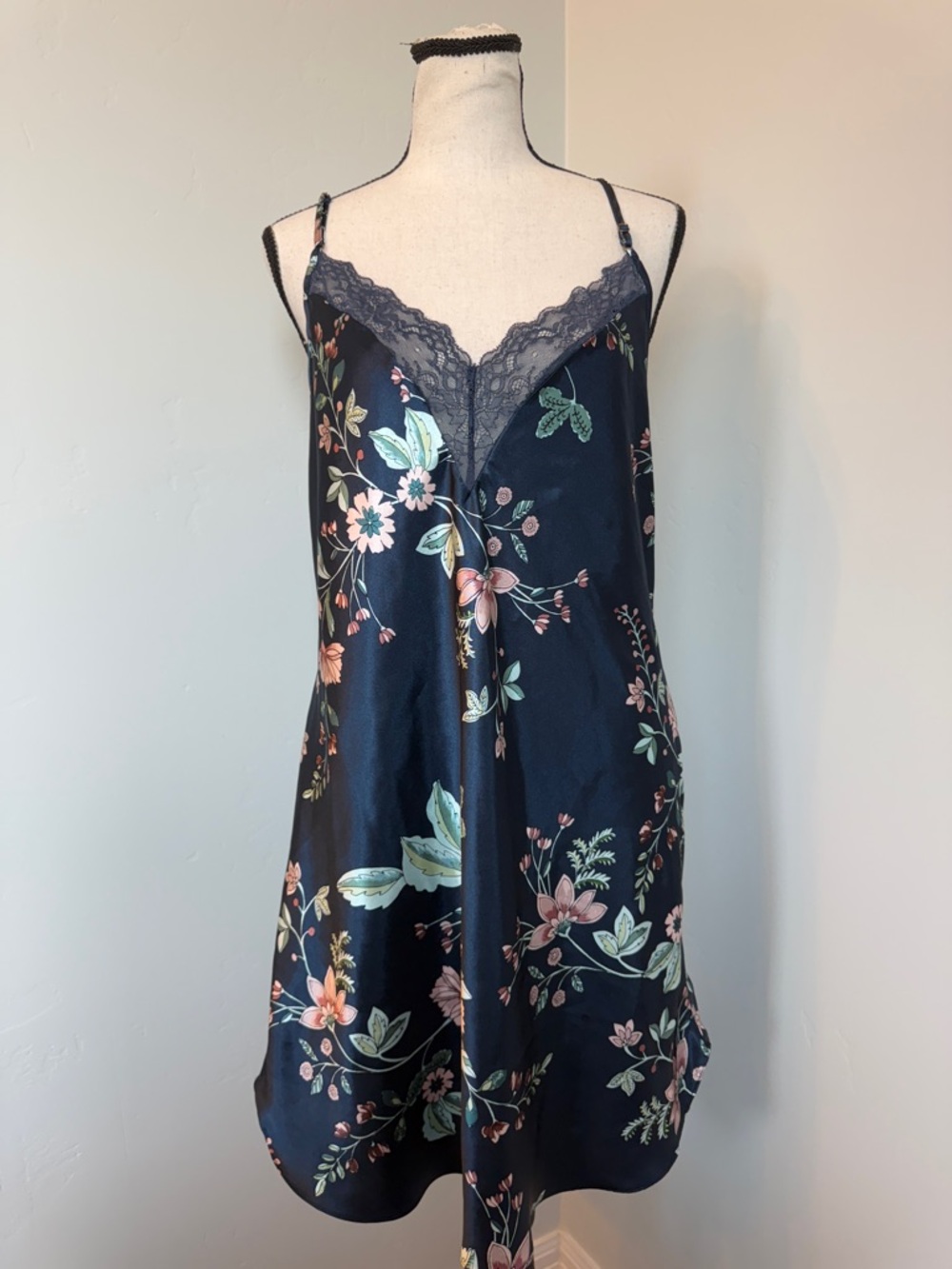 Apt 9 Floral Satin Chemise Nightgown Womens Large Lace Trim Black Sleepwear